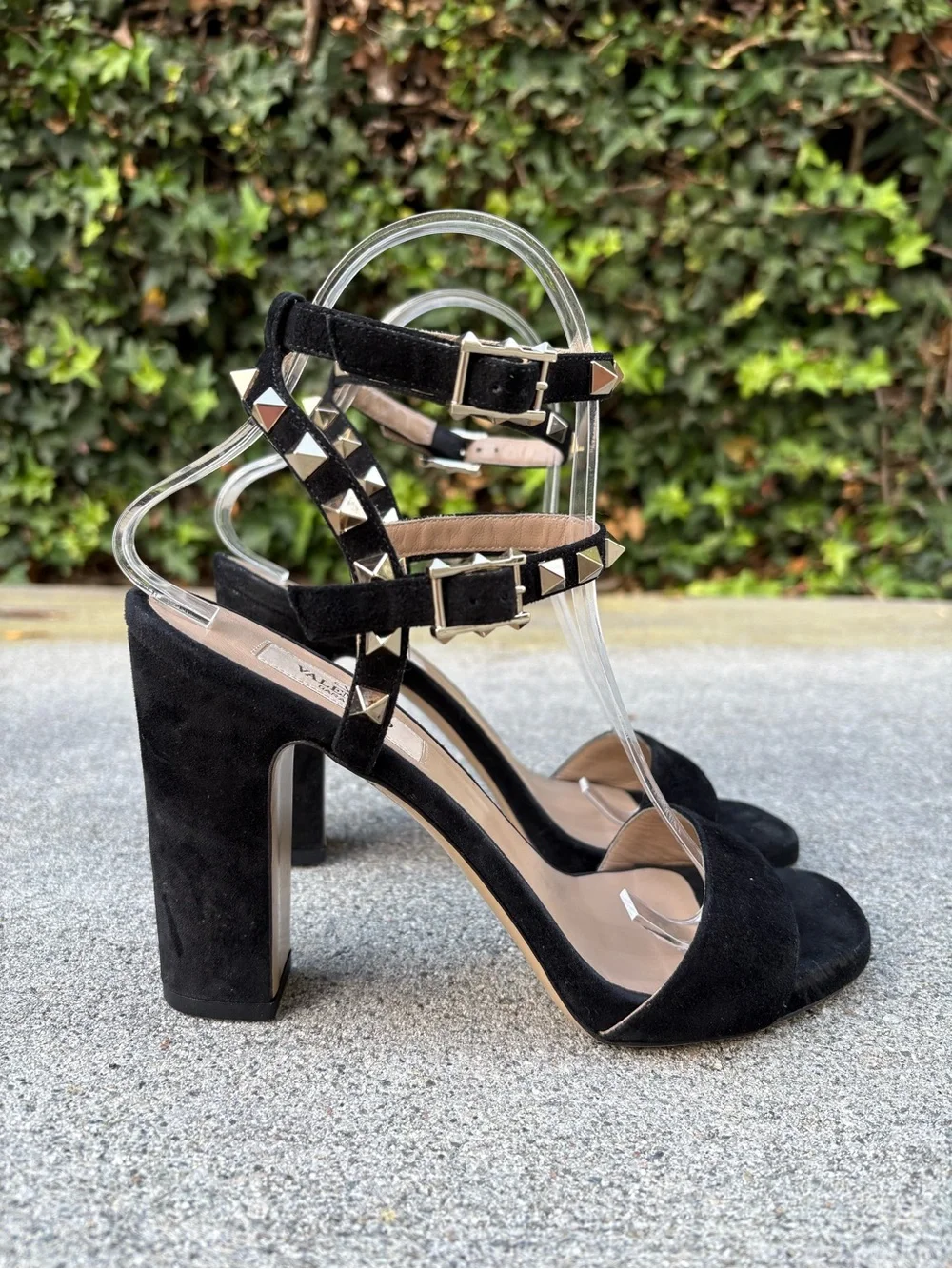 Valentino Rockstud black suede double ankle strap block heel sandal 36.5